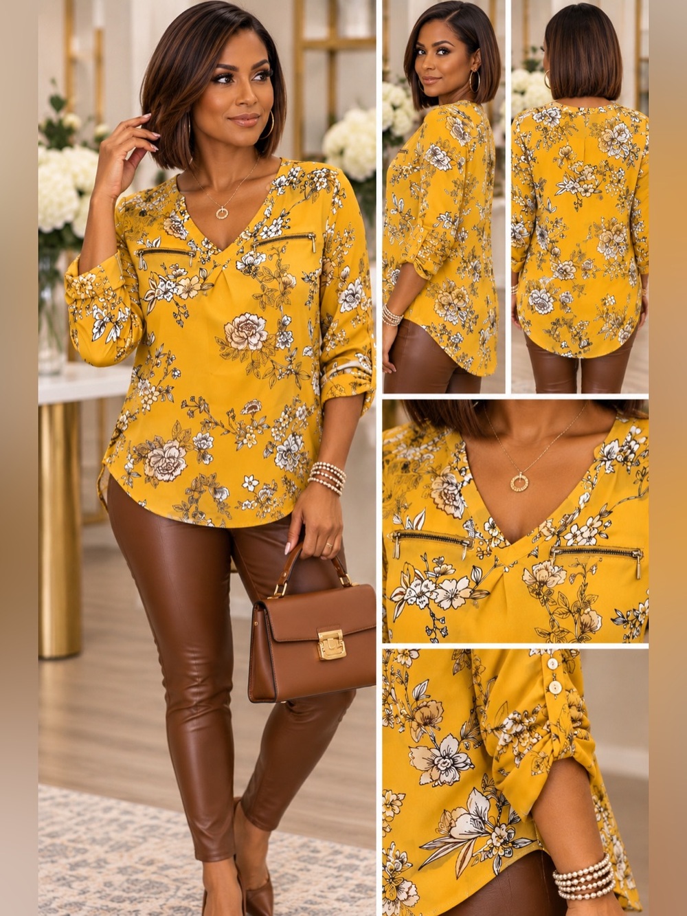 Maurices Mustard Yellow Floral V-Neck Blouse with Zip Accents